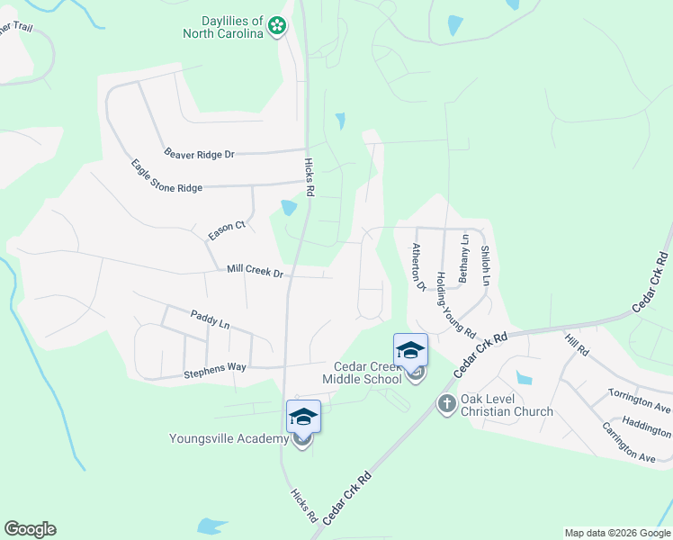 map of restaurants, bars, coffee shops, grocery stores, and more near 117 Kerigon Lane in Youngsville