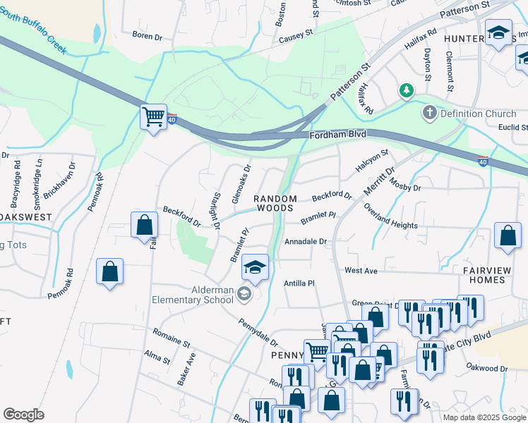 map of restaurants, bars, coffee shops, grocery stores, and more near 4203 Beckford Drive in Greensboro