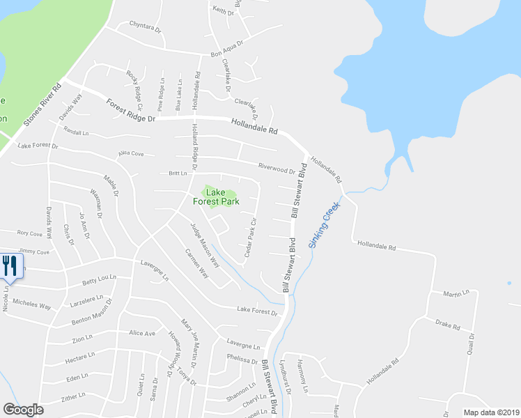 map of restaurants, bars, coffee shops, grocery stores, and more near 432 Cedar Park Circle in La Vergne