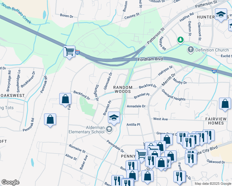 map of restaurants, bars, coffee shops, grocery stores, and more near 4205 Beckford Drive in Greensboro