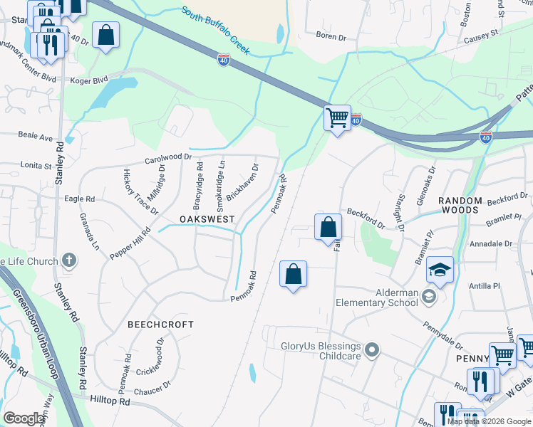 map of restaurants, bars, coffee shops, grocery stores, and more near 4622 Pennoak Road in Greensboro