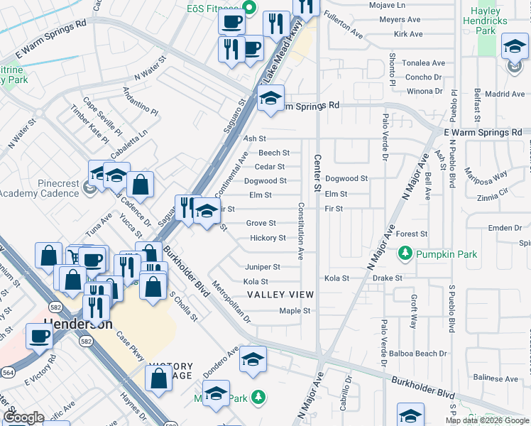 map of restaurants, bars, coffee shops, grocery stores, and more near 129 Fir St in Henderson