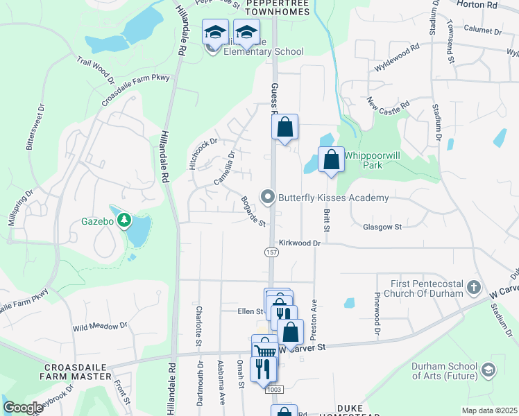 map of restaurants, bars, coffee shops, grocery stores, and more near 3627 Guess Road in Durham
