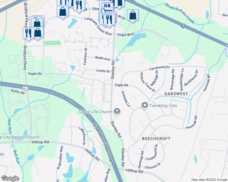 map of restaurants, bars, coffee shops, grocery stores, and more near 2205 Stanley Road in Greensboro