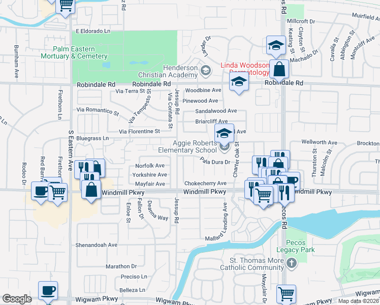 map of restaurants, bars, coffee shops, grocery stores, and more near 2744 Pala Dura Drive in Henderson