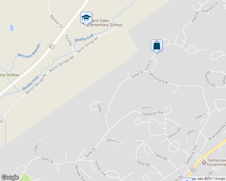 map of restaurants, bars, coffee shops, grocery stores, and more near 48 Outer Drive in Oak Ridge