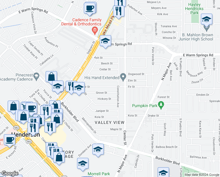 map of restaurants, bars, coffee shops, grocery stores, and more near 139 Fir Street in Henderson