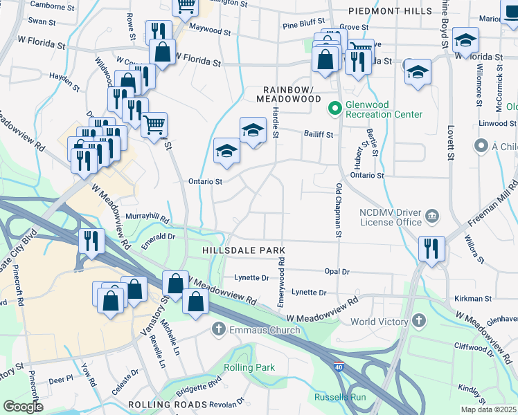 map of restaurants, bars, coffee shops, grocery stores, and more near in Greensboro