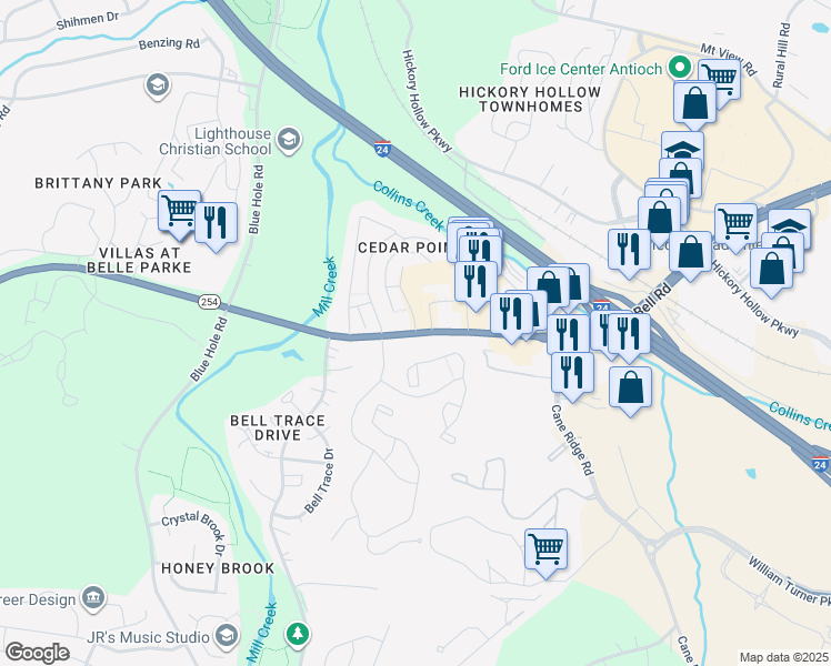 map of restaurants, bars, coffee shops, grocery stores, and more near Bell Road in Nashville