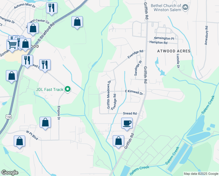 map of restaurants, bars, coffee shops, grocery stores, and more near 2475 Griffith Meadows Drive in Winston-Salem
