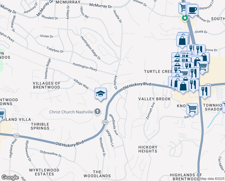 map of restaurants, bars, coffee shops, grocery stores, and more near 311 Yorkshire Circle in Nashville