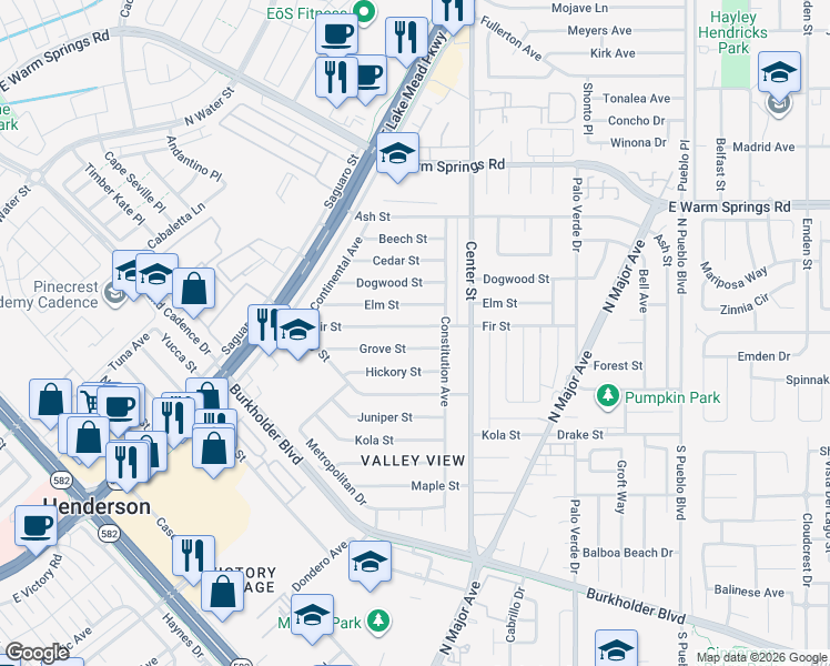 map of restaurants, bars, coffee shops, grocery stores, and more near 139 Fir Street in Henderson