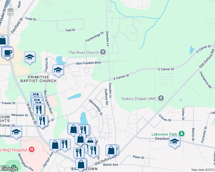 map of restaurants, bars, coffee shops, grocery stores, and more near 623 Stratton Way in Durham