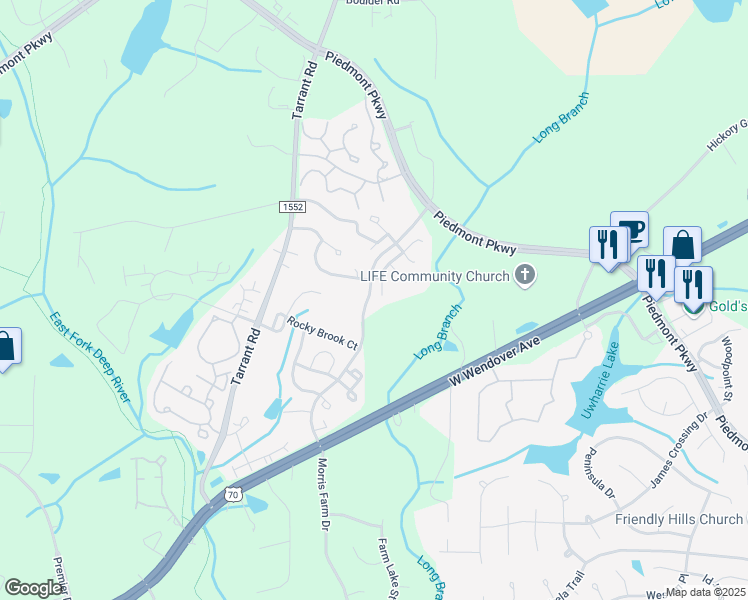 map of restaurants, bars, coffee shops, grocery stores, and more near 3801 Parkway Vista Drive in Greensboro