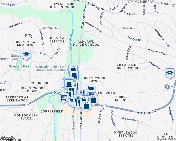 map of restaurants, bars, coffee shops, grocery stores, and more near 4720 Brighton Village Drive in Nashville