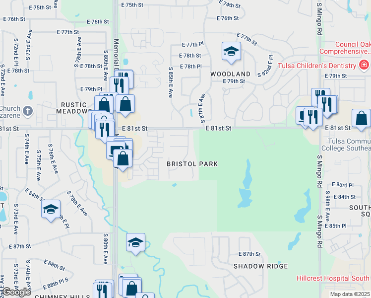 map of restaurants, bars, coffee shops, grocery stores, and more near 8536 East 82nd Street South in Tulsa