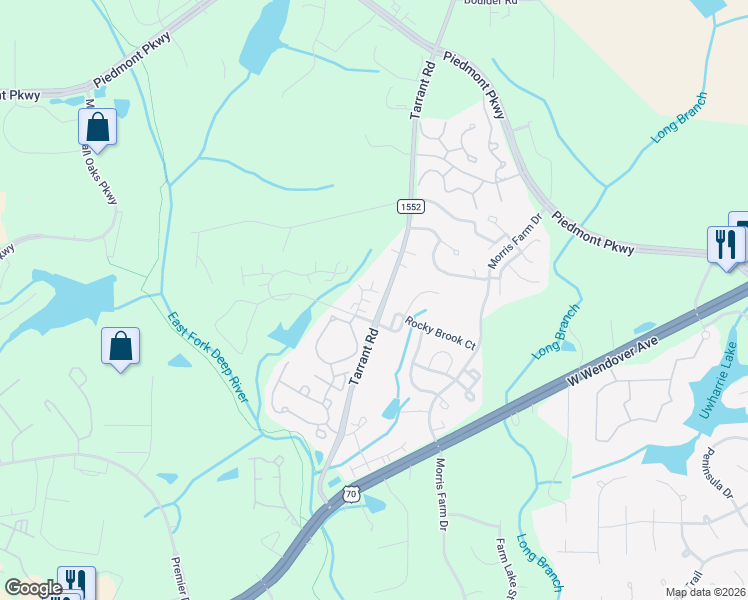 map of restaurants, bars, coffee shops, grocery stores, and more near 1225 Tarrant Road in Greensboro