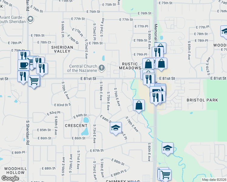 map of restaurants, bars, coffee shops, grocery stores, and more near 8138 South 76th East Avenue in Tulsa