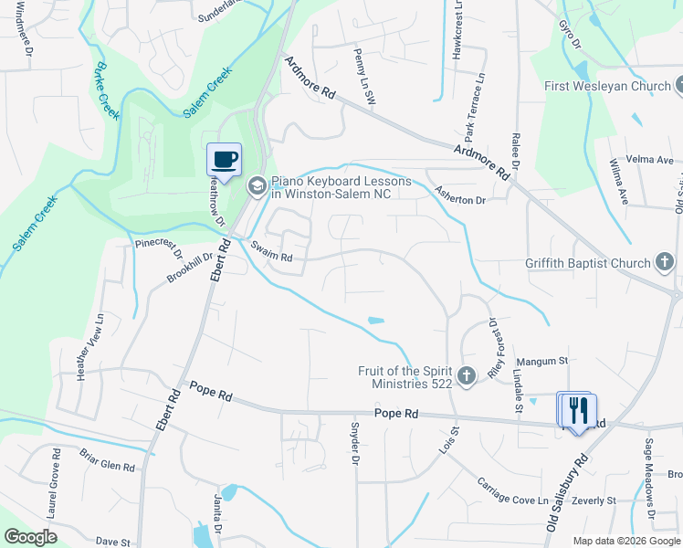 map of restaurants, bars, coffee shops, grocery stores, and more near 2006 Tea Berry Court in Winston-Salem