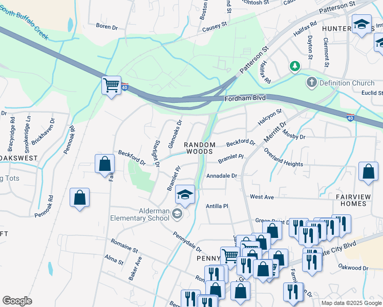 map of restaurants, bars, coffee shops, grocery stores, and more near 4203 Beckford Drive in Greensboro