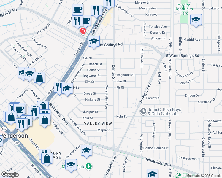 map of restaurants, bars, coffee shops, grocery stores, and more near 859 Center Street in Henderson