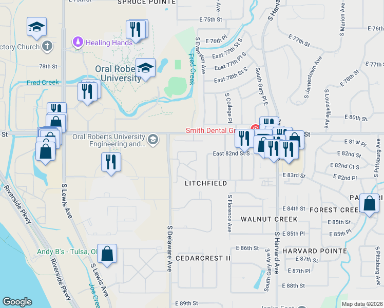 map of restaurants, bars, coffee shops, grocery stores, and more near 2822 East 82nd Street South in Tulsa