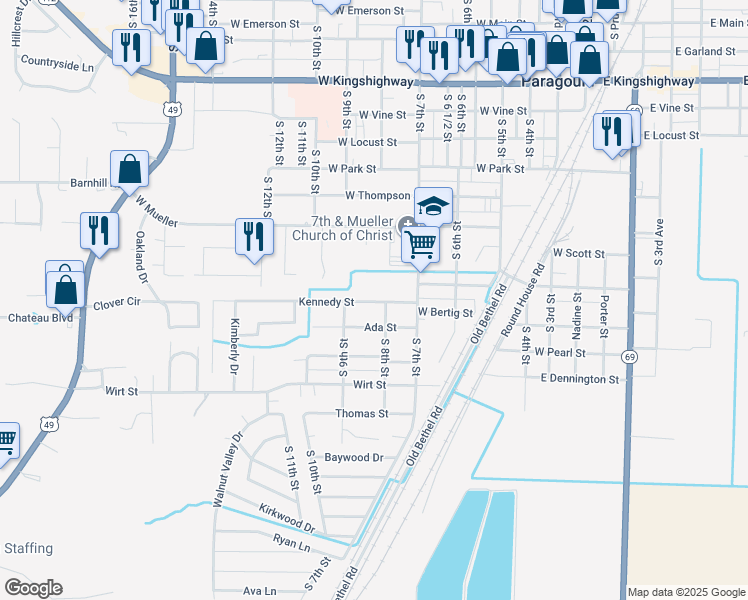 map of restaurants, bars, coffee shops, grocery stores, and more near 805 Kennedy Street in Paragould