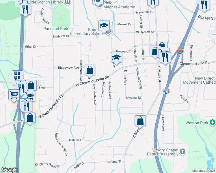 map of restaurants, bars, coffee shops, grocery stores, and more near 3619 Clinard Avenue in Winston-Salem