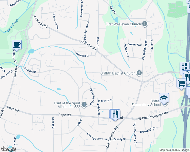 map of restaurants, bars, coffee shops, grocery stores, and more near 2125 Maurine Way North in Winston-Salem