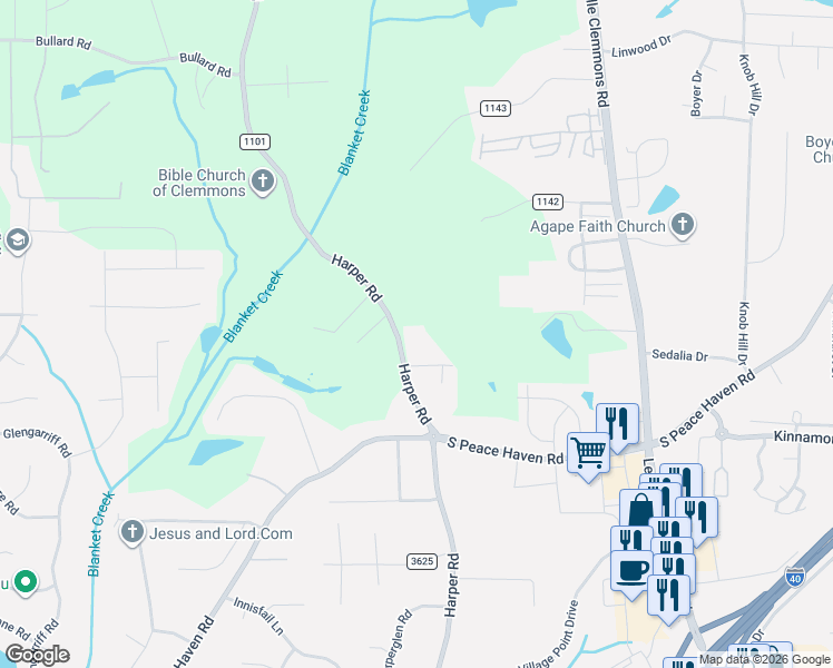 map of restaurants, bars, coffee shops, grocery stores, and more near 2797 Harper Road in Clemmons