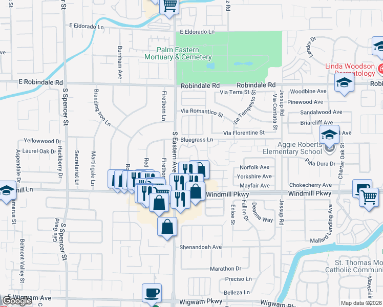 map of restaurants, bars, coffee shops, grocery stores, and more near 2975 Bluegrass Lane in Henderson