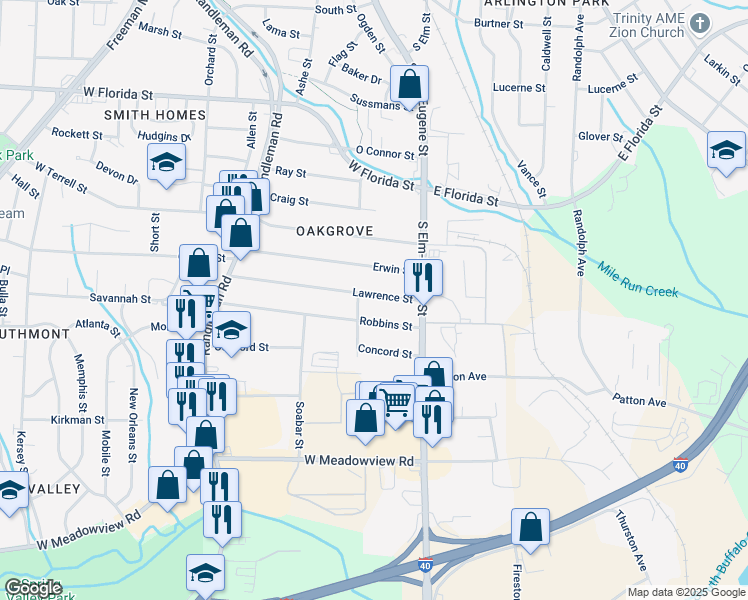 map of restaurants, bars, coffee shops, grocery stores, and more near 123 Lawrence Street in Greensboro