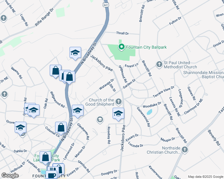 map of restaurants, bars, coffee shops, grocery stores, and more near 5507 5th Street in Knoxville