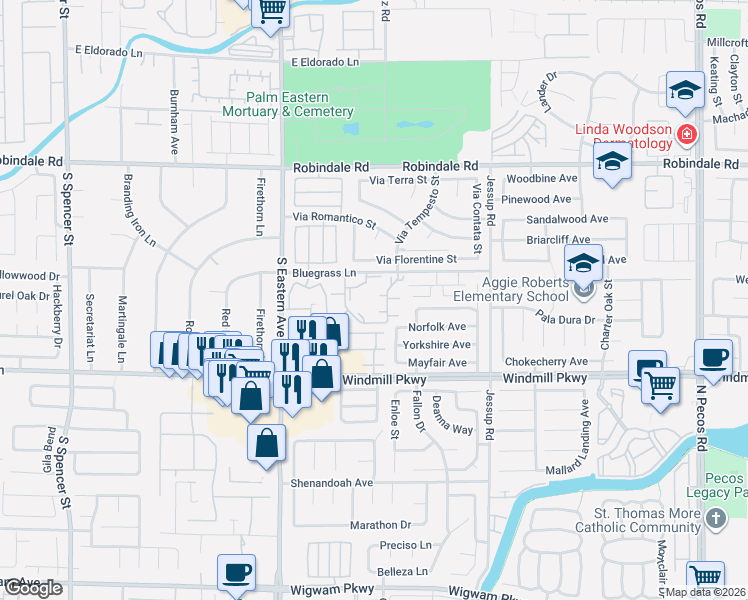 map of restaurants, bars, coffee shops, grocery stores, and more near 2739 Carnation Lane in Henderson