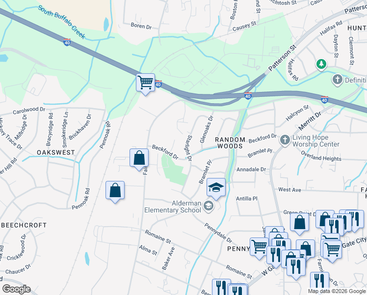 map of restaurants, bars, coffee shops, grocery stores, and more near 1906 Starlight Drive in Greensboro