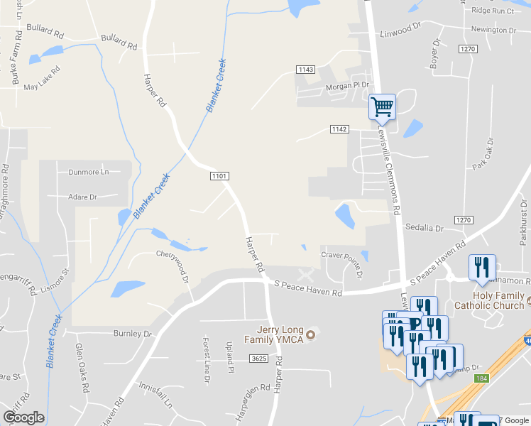 map of restaurants, bars, coffee shops, grocery stores, and more near 2797 Harper Road in Clemmons