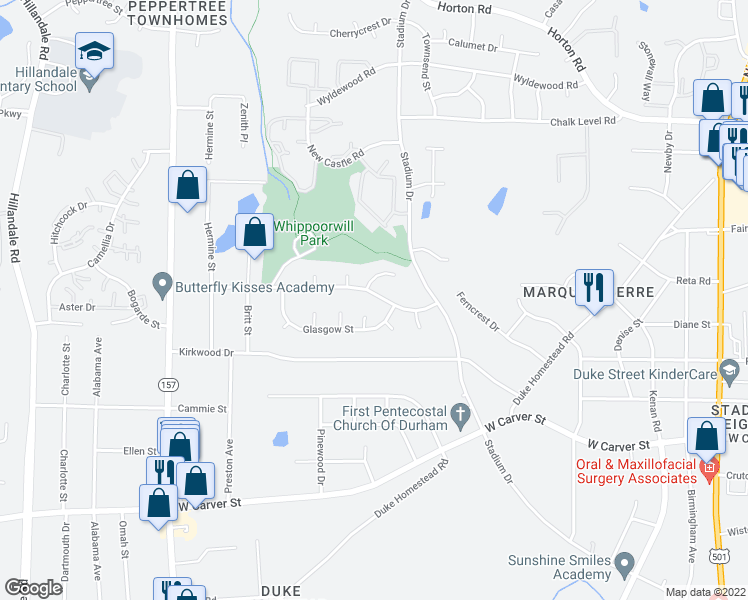 map of restaurants, bars, coffee shops, grocery stores, and more near 1509 Rowemont Drive in Durham