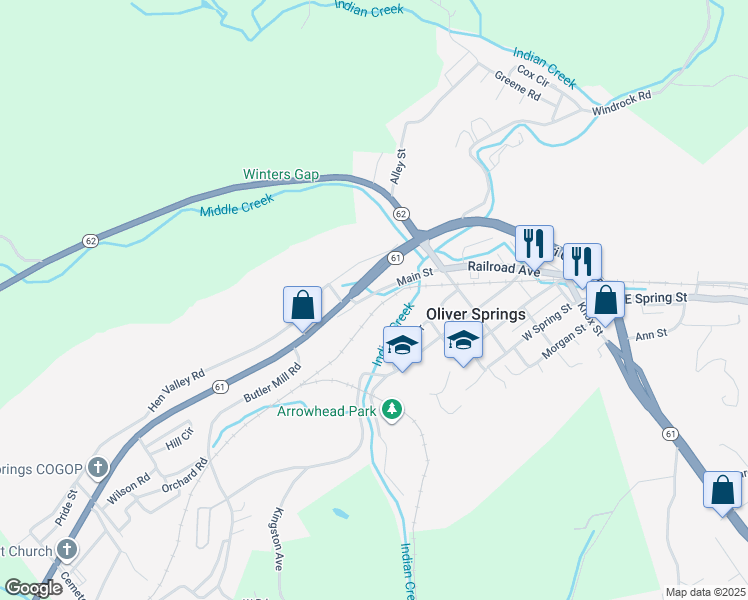 map of restaurants, bars, coffee shops, grocery stores, and more near 820 Main Street in Oliver Springs