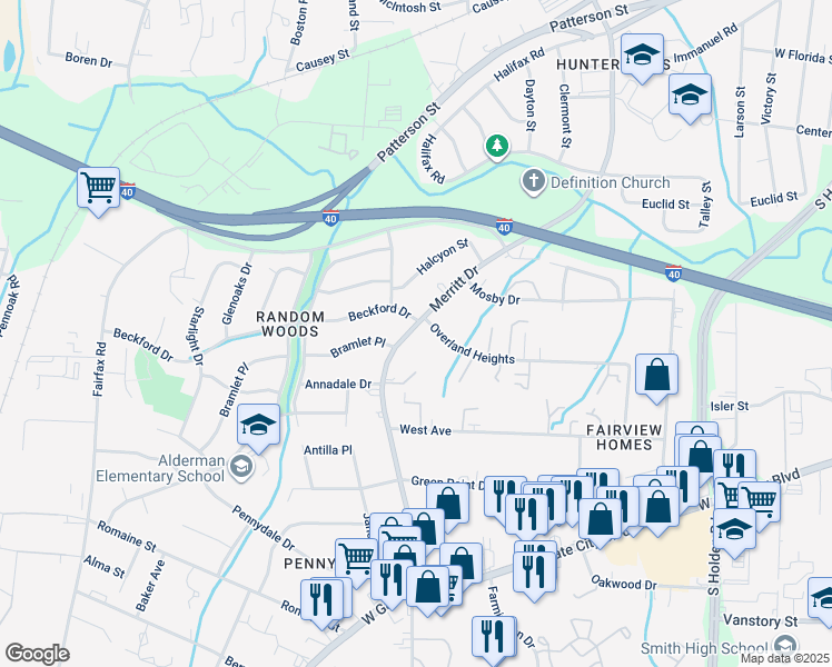 map of restaurants, bars, coffee shops, grocery stores, and more near 1903 Merritt Drive in Greensboro