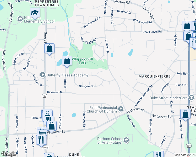 map of restaurants, bars, coffee shops, grocery stores, and more near 1509 Rowemont Drive in Durham