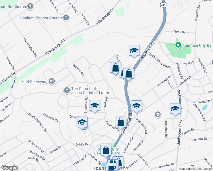 map of restaurants, bars, coffee shops, grocery stores, and more near 5801 Ridgewood Road in Knoxville