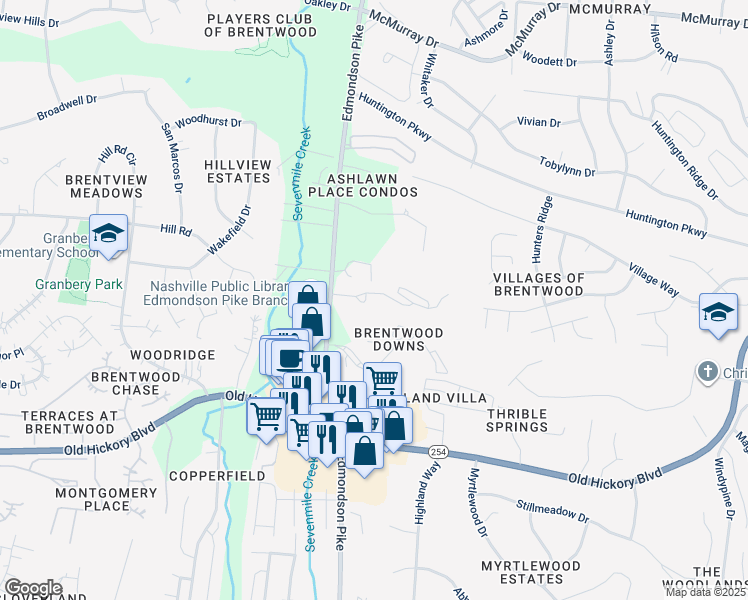 map of restaurants, bars, coffee shops, grocery stores, and more near 4720 Brighton Village Drive in Nashville