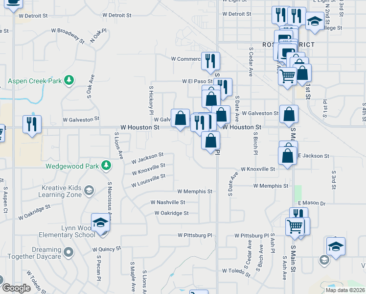 map of restaurants, bars, coffee shops, grocery stores, and more near 1101 West Houston Street in Broken Arrow