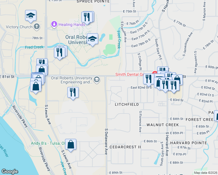 map of restaurants, bars, coffee shops, grocery stores, and more near 8208 South Delaware Place in Tulsa