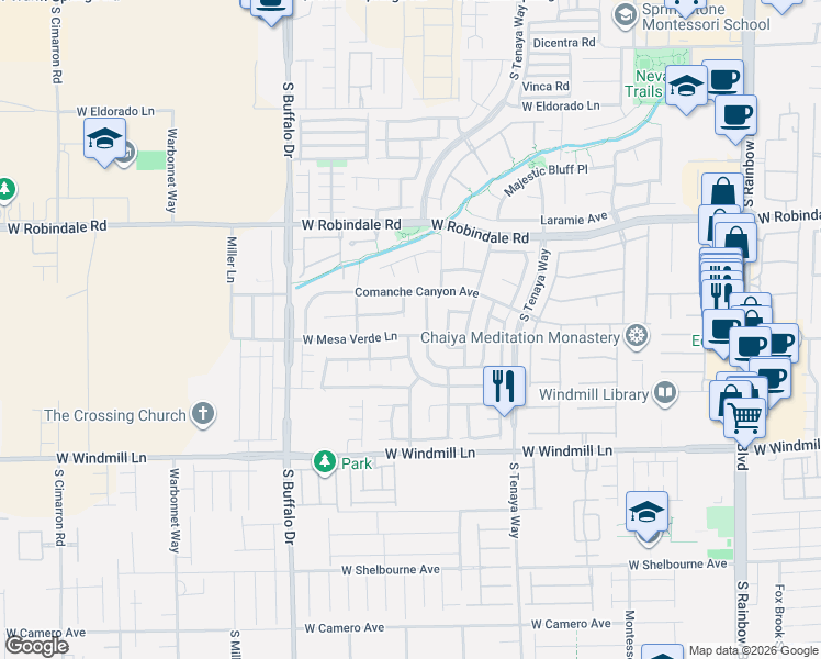 map of restaurants, bars, coffee shops, grocery stores, and more near 7598 West Mesa Verde Lane in Las Vegas