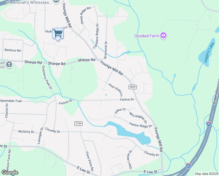 map of restaurants, bars, coffee shops, grocery stores, and more near 4504 Pine Vista Lane in Greensboro