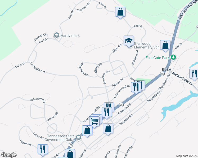 map of restaurants, bars, coffee shops, grocery stores, and more near 128 Albany Road in Oak Ridge