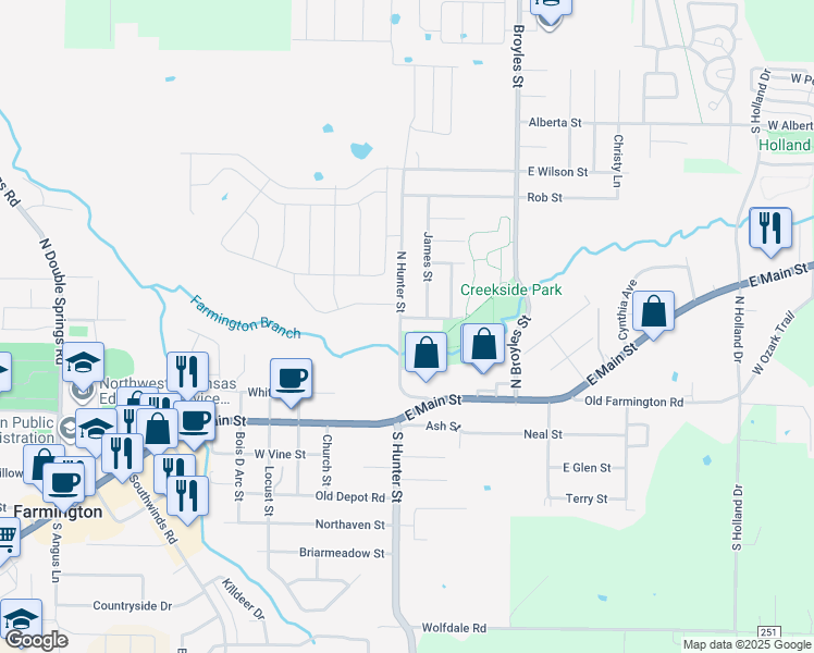 map of restaurants, bars, coffee shops, grocery stores, and more near 62 North Hunter Street in Farmington