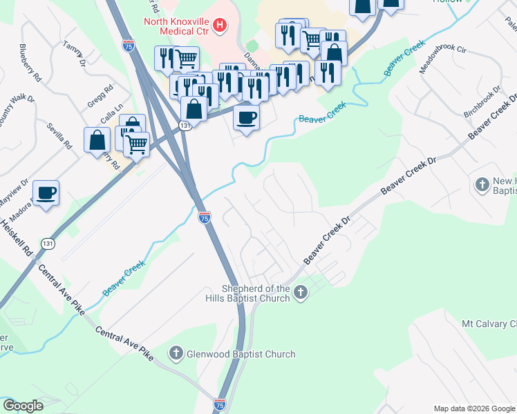 map of restaurants, bars, coffee shops, grocery stores, and more near 500 Bethany Way in Knoxville