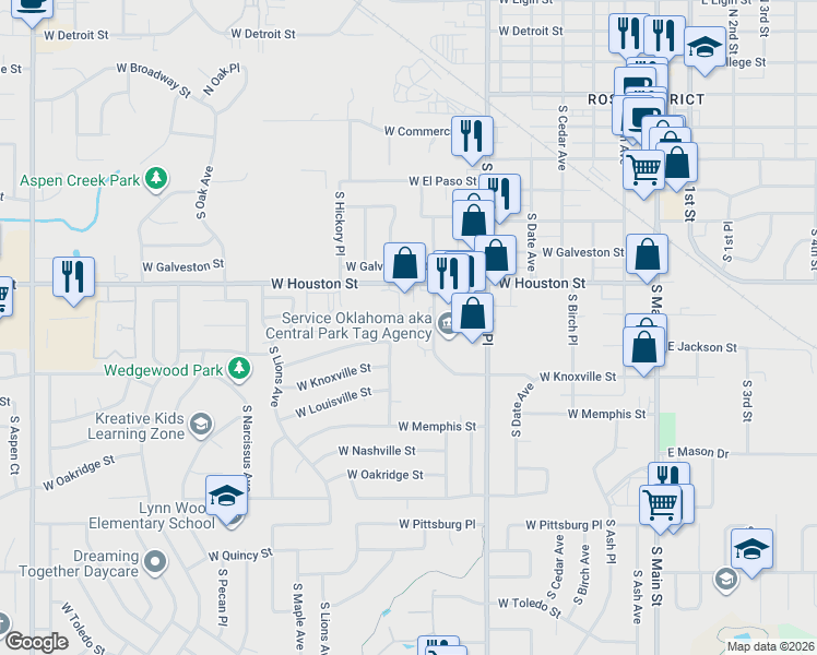 map of restaurants, bars, coffee shops, grocery stores, and more near 1101 West Houston Street in Broken Arrow